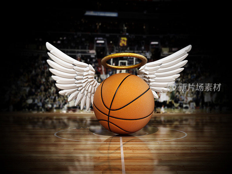 镶木地板上有天使翅膀和金色光环的篮球