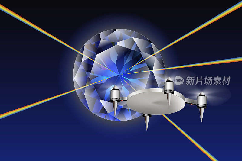 一架在空中飞行的无人机通过钻石接收激光束供电。
