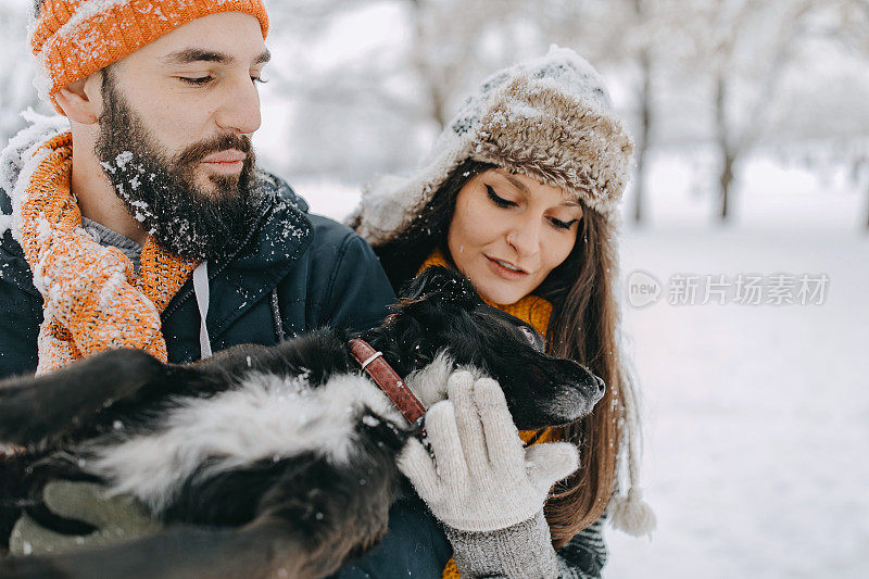 一对夫妇在雪中与狗玩耍