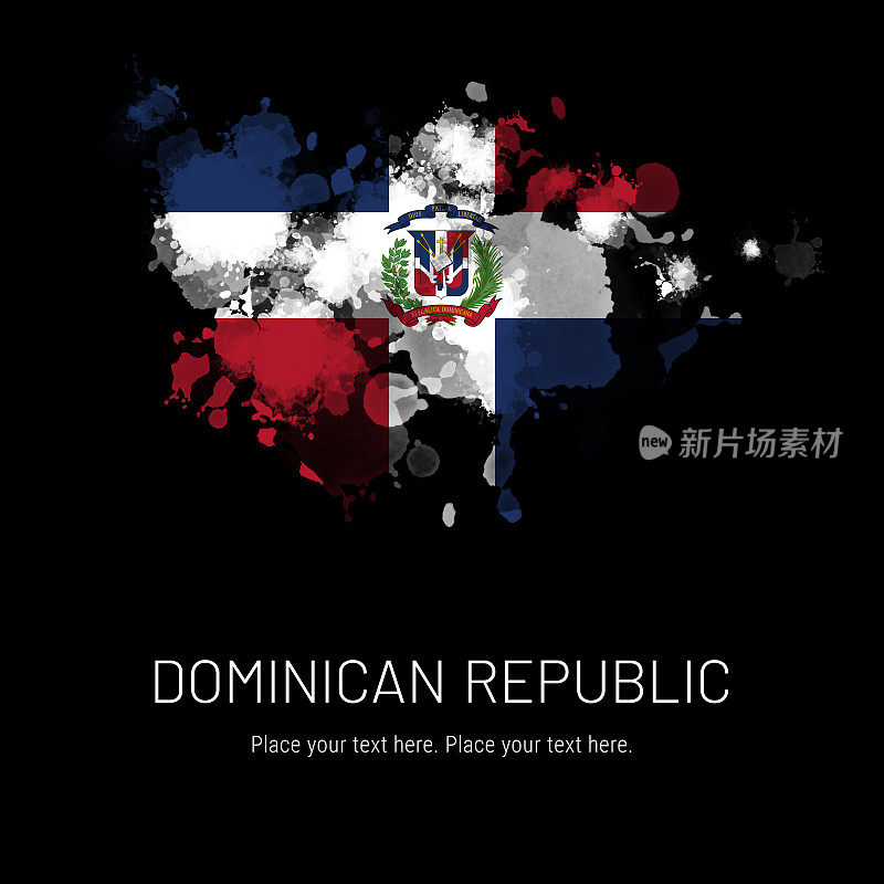多米尼加共和国国旗墨水飞溅在黑色背景