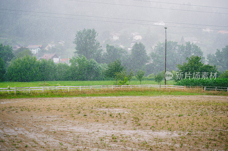 在大雨中，空马在户外竞技场上驰骋