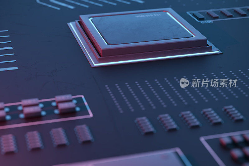 微芯片-未来主义主板上的计算机CPU。