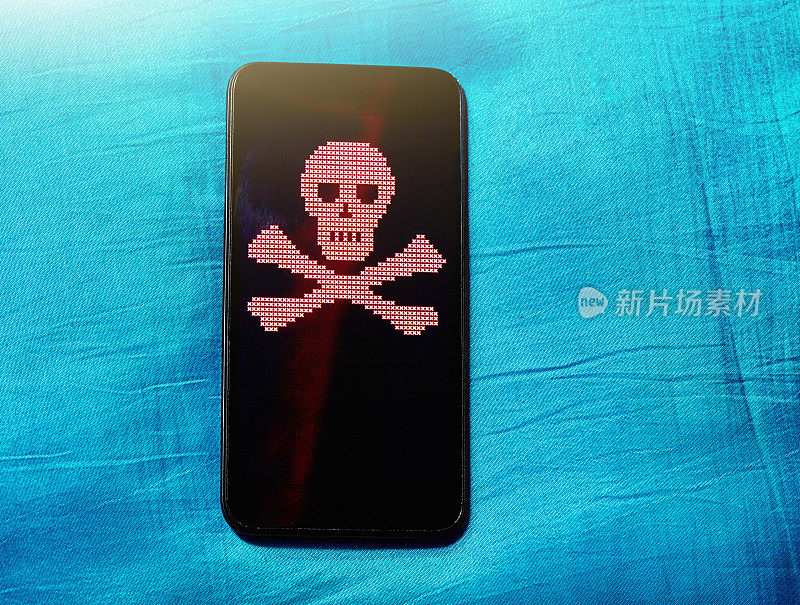 手机正处于危险之中:手机屏幕上程式化的数字骷髅