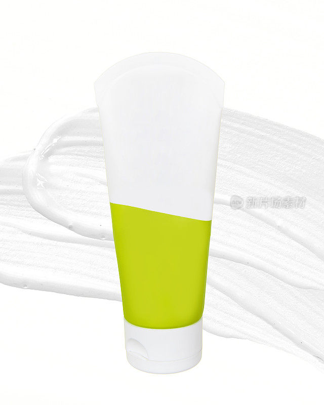 白色挤压瓶塑料管模型的俯视图，用于药品或化妆品的品牌-面霜，凝胶，护肤品，牙膏。化妆品瓶容器