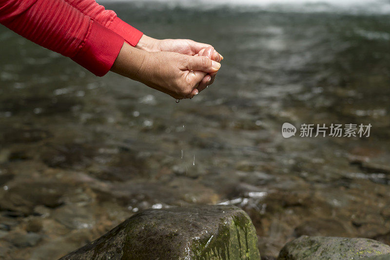 手从河里舀水