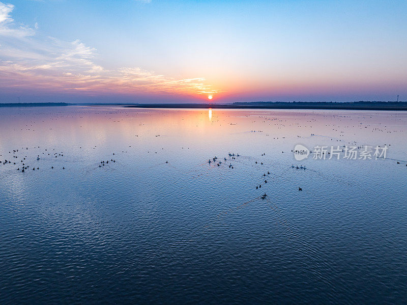 日落在海上，帐篷在日落的海滩上