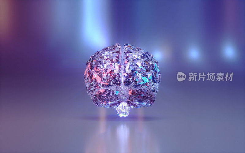 紫色反射背景下的水晶玻璃人脑