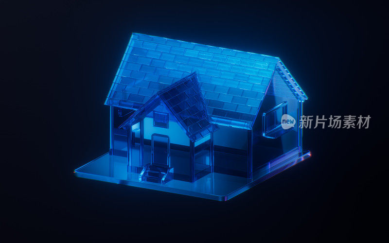 一个带有深色霓虹灯效果的房子，3d渲染。