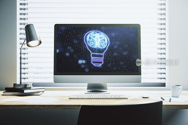 在现代电脑显示器上以人类大脑为主题的创意灯泡插图，未来的技术概念。三维渲染