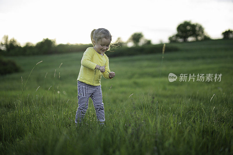 日落时自然的快乐孩子，复制空间。