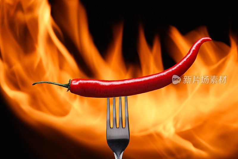 红辣椒，戳在叉子上，在火的背景上，火焰在黑色的背景上