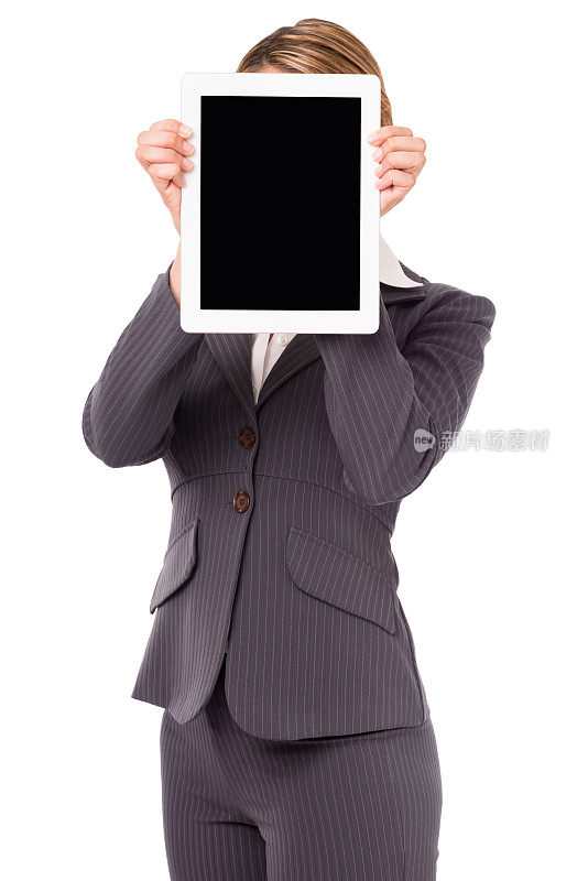 年轻的女商人手持数码平板电脑孤立在白色的背景