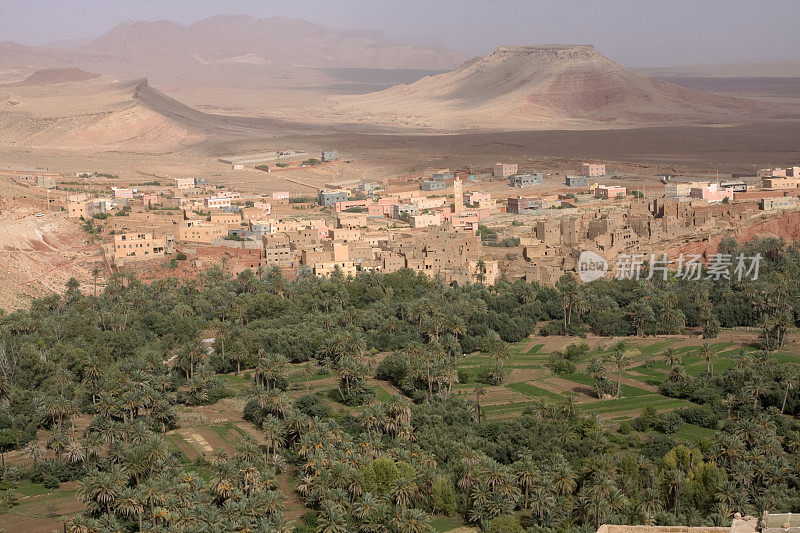 摩洛哥沙漠村庄，前景中有郁郁葱葱的绿洲
