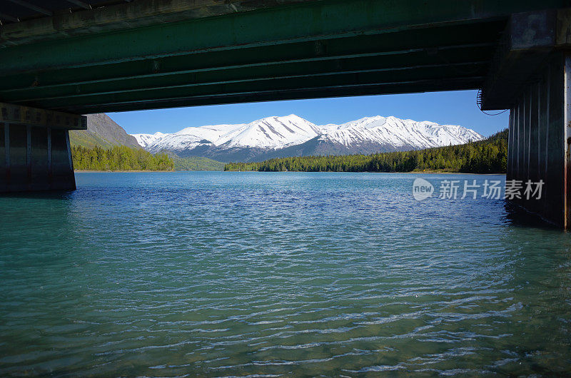 风景秀丽，雪山下，公路桥下，湖上