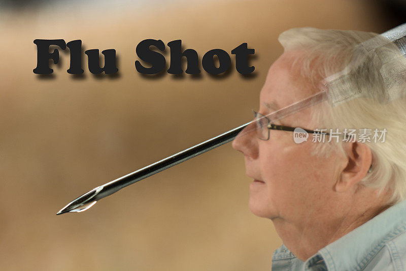 照片中，老人的脸和针头都被“流感疫苗”模糊了