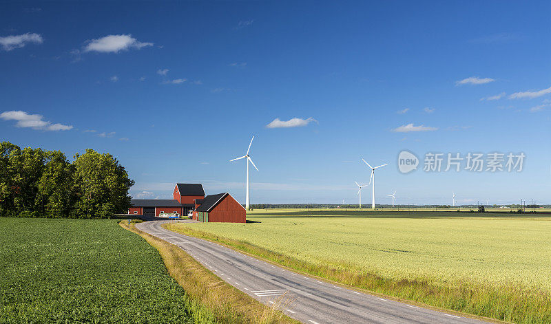 色彩斑斓的瑞典乡村，麦田里有风力涡轮机