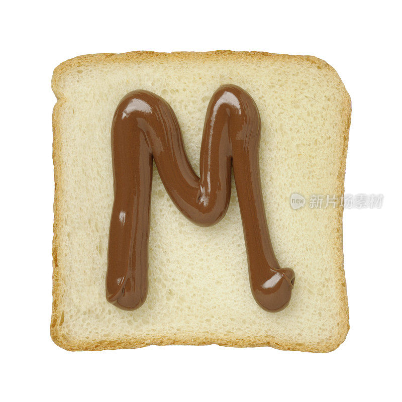 巧克力字母M在锡箔面包片，白色背景