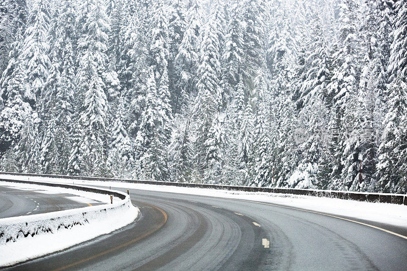 弯曲的冬季天气驾驶公路雪森林树木爱达荷州