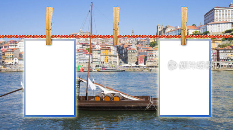 空白照片挂在晾衣绳上与波尔图散焦背景(葡萄牙)-概念图像