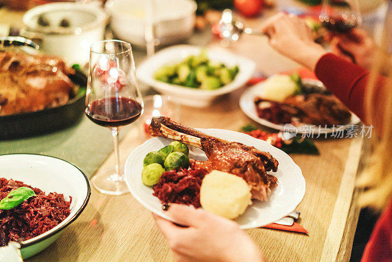 传统的德国节日鹅晚餐与饺子和红卷心菜