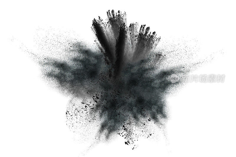 黑色尘埃粒子爆炸的特写镜头孤立在白色背景上。