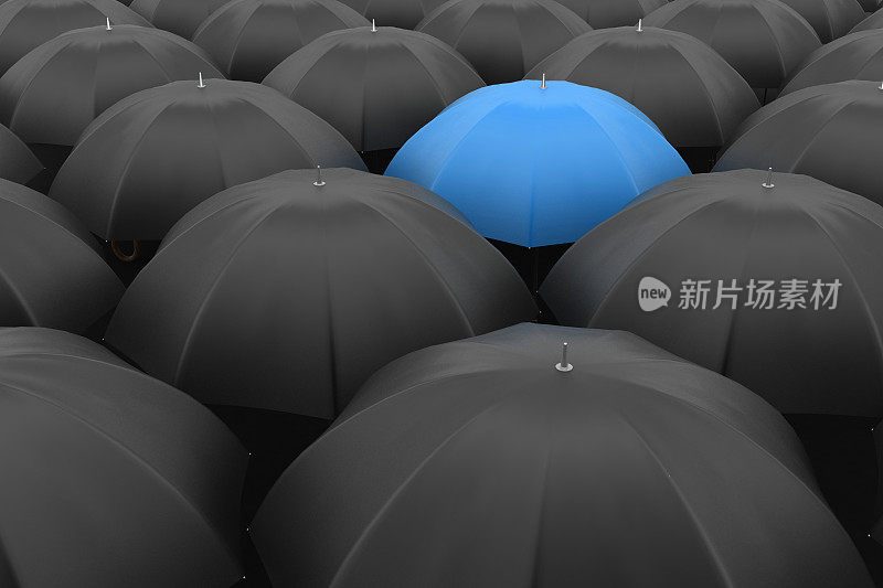 许多黑色的雨伞。一把独一无二的蓝色雨伞