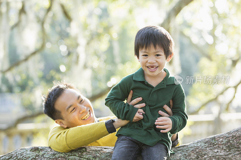亚洲小男孩和父亲坐在树枝上