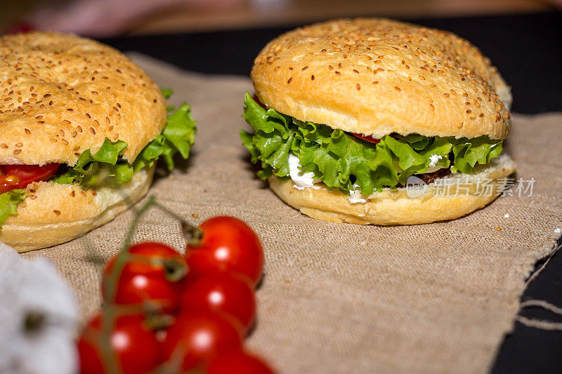 汉堡包配奶酪、肉、西红柿、洋葱和香草。前视图。自由空间。