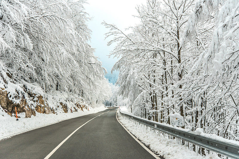 空旷的道路穿过白雪覆盖的景观