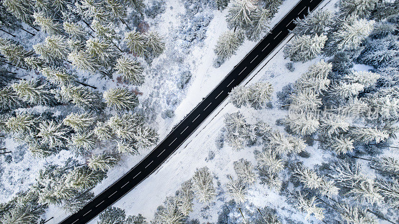 穿越冬季森林的道路-鸟瞰图