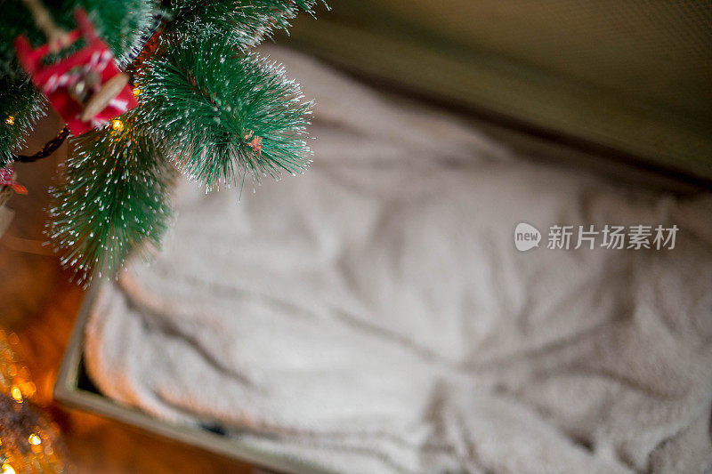 圣诞场景与圣诞树礼物和火在背景的新生儿婴儿在圣诞老人的衣服和圣诞帽，躺在地上，冬季雪景观室外