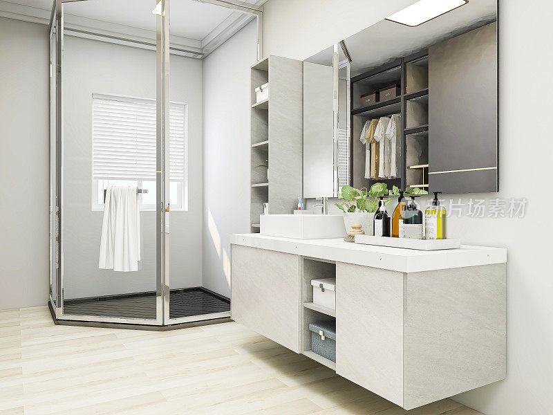 现代浴室设计中的梳妆台、浴室、衣柜、绿色植物等的3D效果图