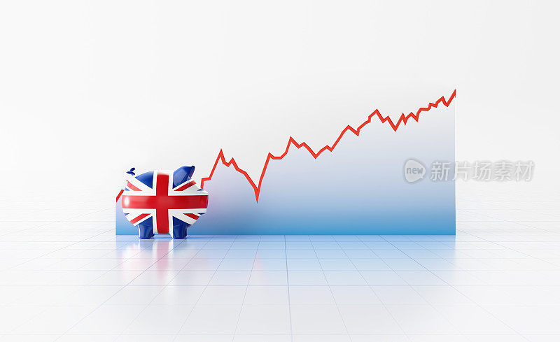 小猪银行与英国国旗坐在前面的白色背景线图形纹理