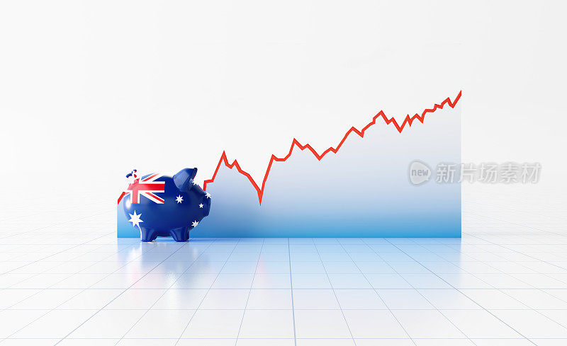 小猪银行与澳大利亚国旗坐在前面的白色背景线图形纹理