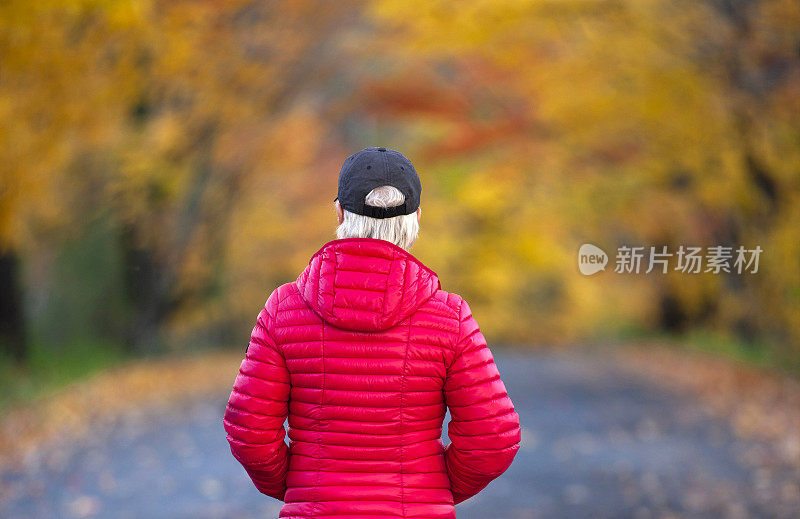 一个女人在路上看着秋天的树叶。