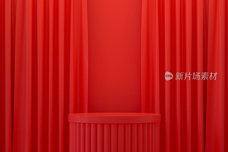 3D空产品站，平台，讲台，窗帘，红色背景
