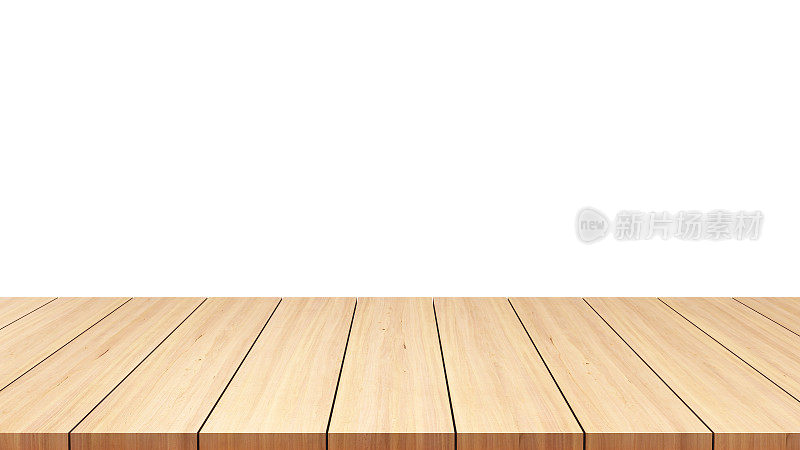 木制空桌子平台上的白色背景