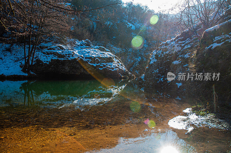 冬季山地景观，河流积雪和树木，最喜欢野餐的地方