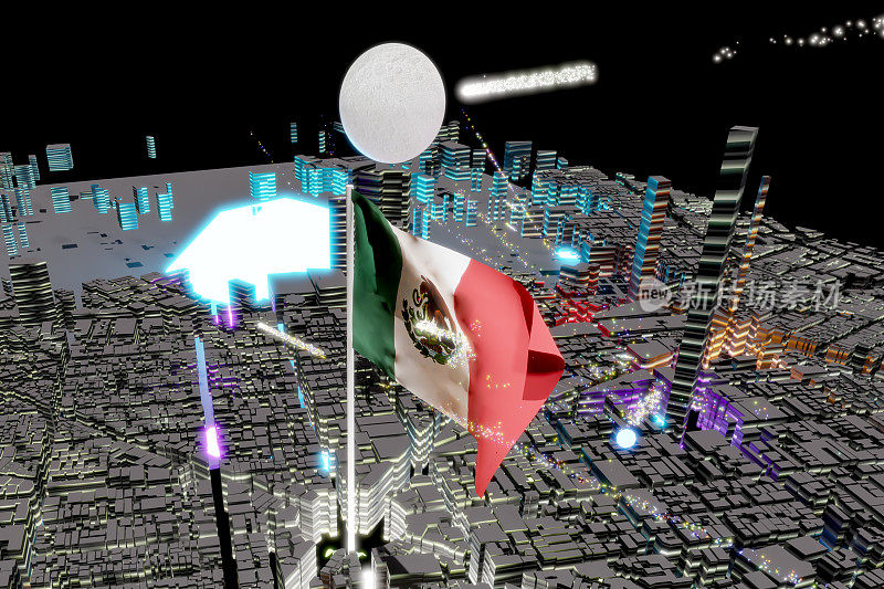 3D渲染墨西哥国旗在9月15日晚上在城市上空飘扬庆祝，月光下的烟花和建筑灯光国家节日接近月亮