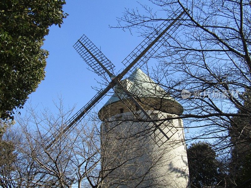 日本。2月。公园里的风车。