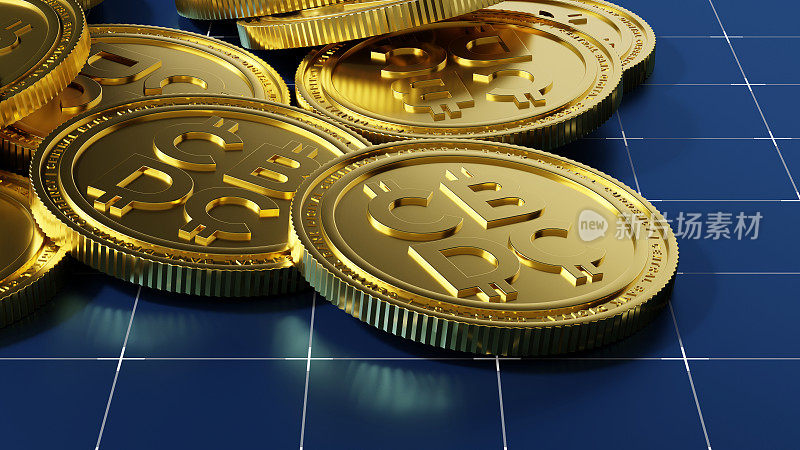 新型数字货币CBDC，蓝色网格地板上的金币作为财富、稳定和信心的象征