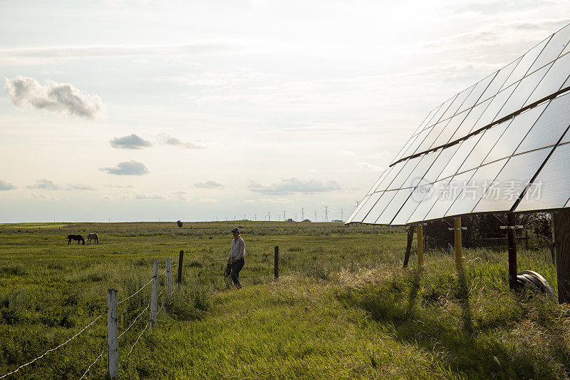 一位女农民走过太阳能板旁边的田地