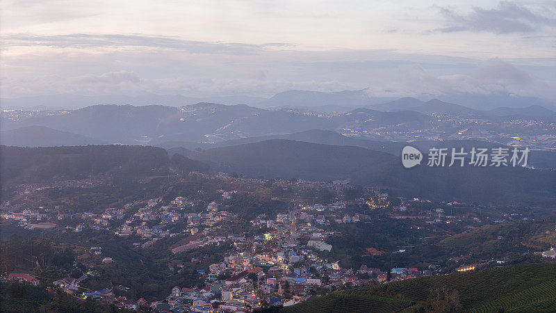 林东省大叻市曹达镇日落时的美丽风景。风吹茶山上，晨景山坡上茶树下