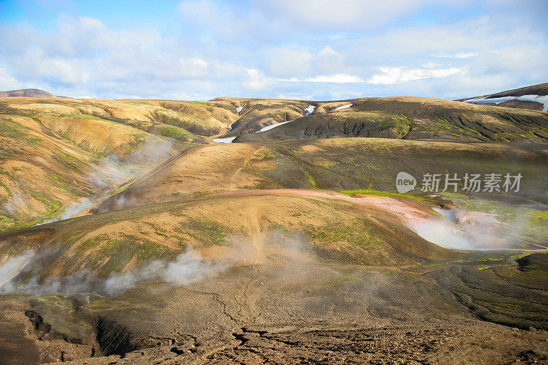 冰岛Laugevegur步道起点的Landmannalaugar周围起伏的、色彩斑斓的山脉