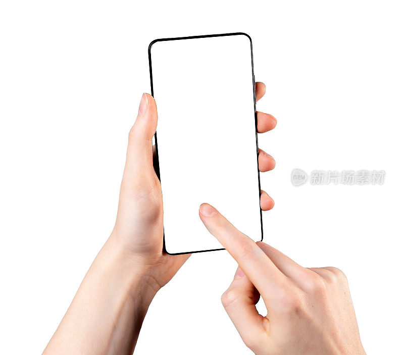 手指在空白手机屏幕上敲击，智能手机显示模型孤立在白色背景上