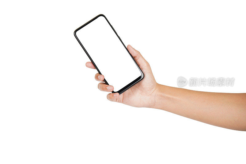 手持空屏手机孤立在白色背景与剪辑路径，前视图空白屏手机