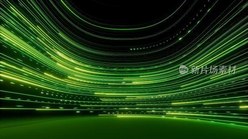 3d渲染，抽象壁纸。黑色背景上的绿色霓虹灯线。流的能量。粒子移动并留下发光的轨迹