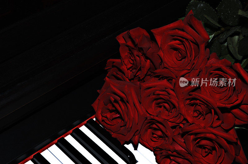 钢琴上的红玫瑰花束