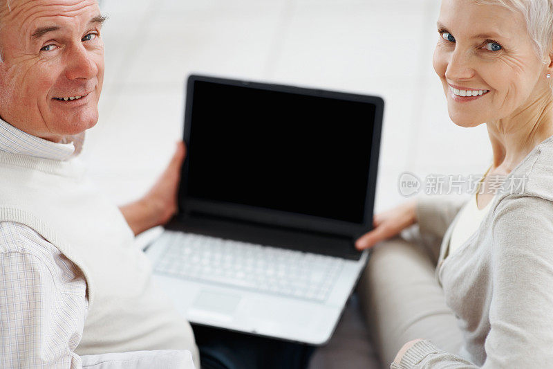 一对幸福的老夫妇一起使用笔记本电脑