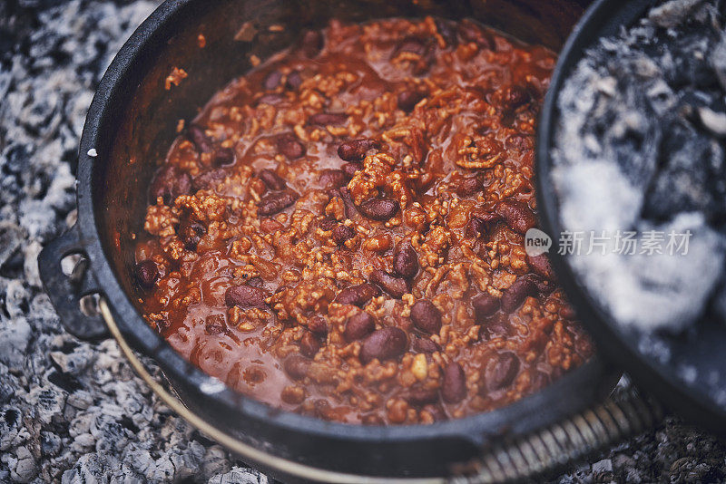 在荷兰烤炉上用原木火烹饪辣味牛肉